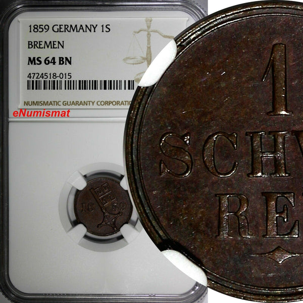 Germany	Free City Bremen 1859 1 Schwaren NGC MS64 BN Mintage-69,000 KM# 241/015