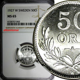 SWEDEN Gustaf V Silver 1927 W 50 Ore NGC MS65 1 GRADED HIGHEST SCARCE KM# 788(3)