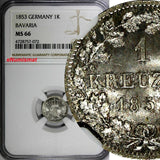 German BAVARIA Ludwig I Silver 1853 1 Kreuzer NGC MS66 1 GRADED HIGHEST KM799/72