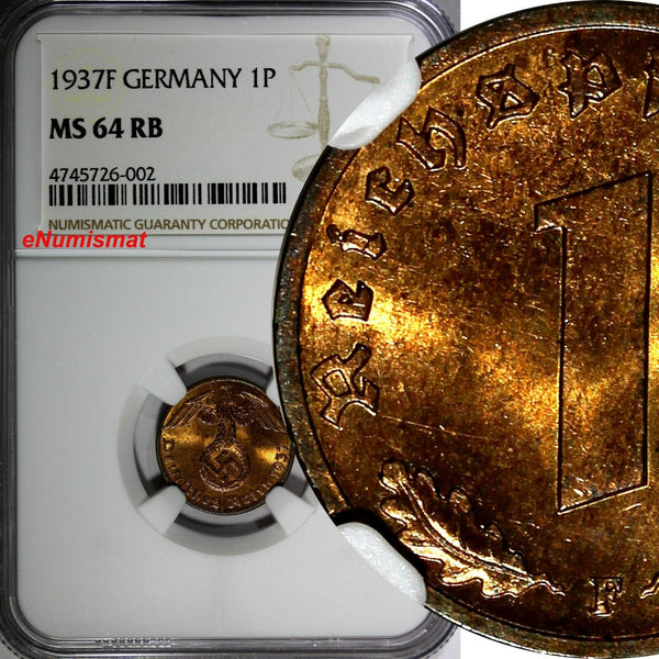GERMANY-Third Reich 1937 F 1 Reichspfennig NGC MS64 RB TOP GRADED  KM# 89 (002)