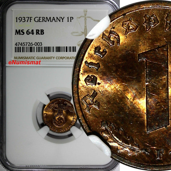 GERMANY-Third Reich 1937 F 1 Reichspfennig NGC MS64 RB TOP GRADED KM# 89 (003)