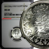 EGYPT Farouk Silver AH1356//1937 2 Piastres NGC MS60 Mintage-500,000 KM# 365(56)