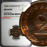 Germany-Third Reich Bronze 1940 E 2 Reichspfennig NGC MS64 BN KEY DATE KM#90(18)