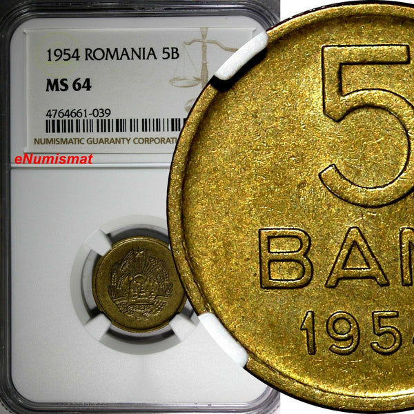 Romania  Copper-Nickel-Zinc 1954 5 Bani NGC MS64 KM# 83.2