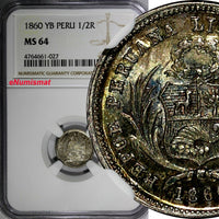 PERU Transitional Silver 1860 YB 1/2 Real NGC MS64 Toning.Luster KM# 180 (027)