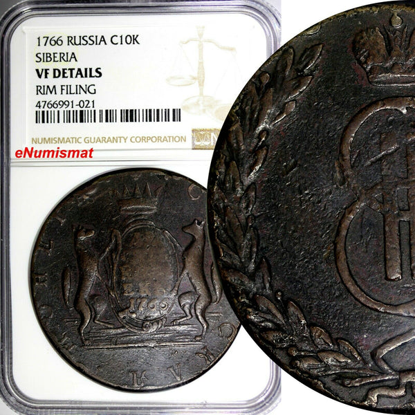 Russia-Siberia Catherina II Copper 1766 KM 10 Kopecks NGC VF DETAILS Suzun  C# 6