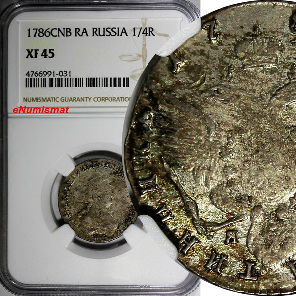 RUSSIA Catherine II Silver 1786 SPB YA Polupoltinnik NGC XF45  RARE C# 65c