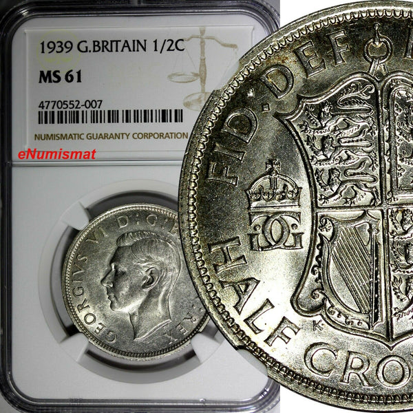 Great Britain George VI Silver 1939 1/2 Crown NGC MS61 32.3 mm KM# 856
