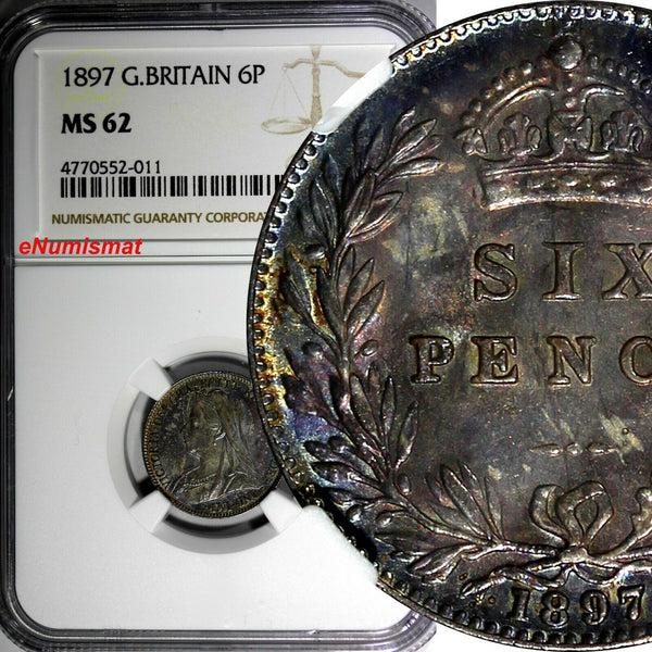 Great Britain Victoria Silver 1897 6 Pence NGC MS62 Rainbow Toning KM# 779