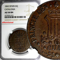 Spain CATALONIA Isabel II (1833-1868) Copper 1843 6 Quartos NGC AU50 BN KM# 128