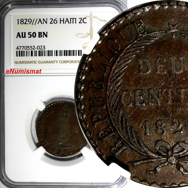 HAITI Copper 1829//AN 26  2 Centimes NGC AU50 BN KM# A22