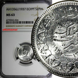 EGYPT Farouk Silver AH1356//1937 2 Piastres NGC MS63 Mintage-500,000 KM#365