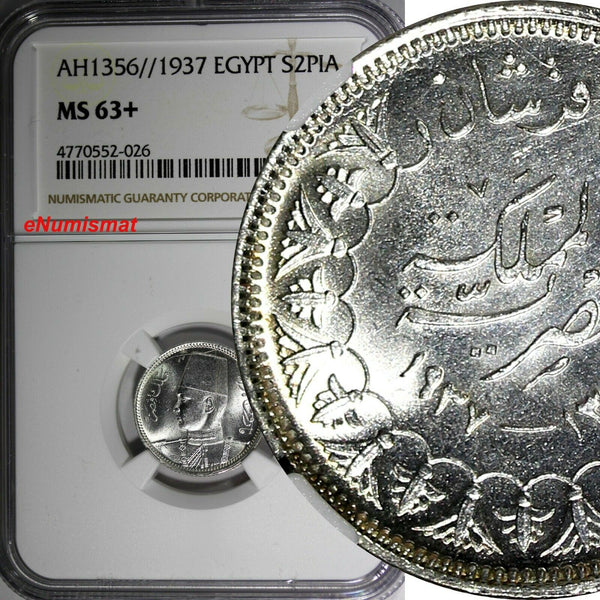 EGYPT Farouk Silver AH1356//1937 2 Piastres NGC MS63+PLUS Mint-500,000 KM#365(6)