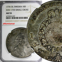 SWEDEN Gustaf III Silver 1776 OL Riksdaler Small Cross NGC AU55 Dav-1735,KM# 514