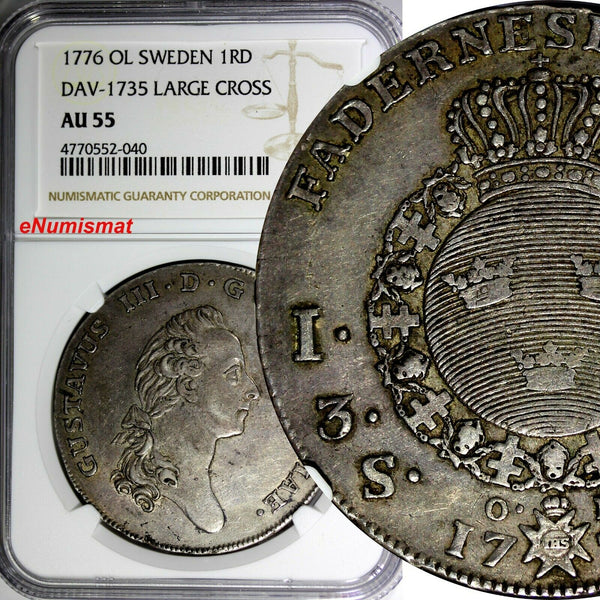 SWEDEN Gustaf III Silver 1776 OL Riksdaler Large Cross NGC AU55 Dav-1735,KM# 514