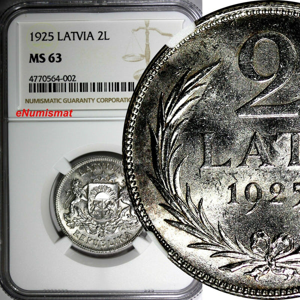 Latvia Silver 1925 2 Lati NGC MS63 2 YEARS TYPE 27mm Royal Mint, London KM# 8