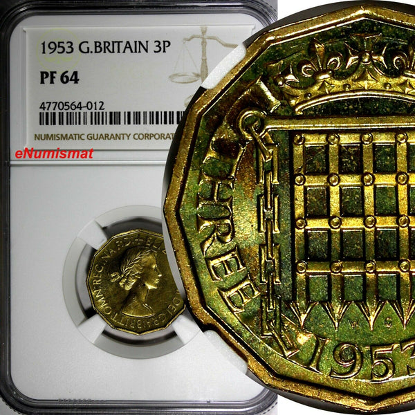 Great Britain Elizabeth II Nickel-Brass PROOF 1953 3 Pence NGC PF64 KM# 886