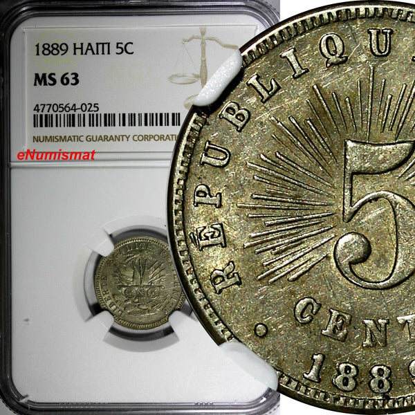 Haiti Copper-Nickel 1889 5 Cents 1 YEAR TYPE Mint-100,000 NGC MS63 RARE KM#50(5)