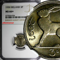Ireland Republic Copper-Nickel 1950 3 Pence NGC MS66+ "PLUS" GEM BU COIN KM# 12a