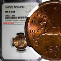 India-Republic Bronze 1955 (B) Pice NGC MS65 RB TOP GRADED BY NGC KM# 1.4