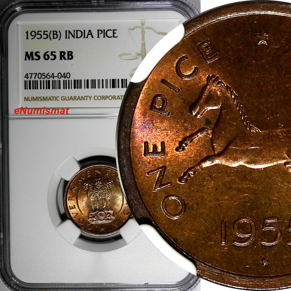India-Republic Bronze 1955 (B) Pice NGC MS65 RB TOP GRADED BY NGC KM# 1.4