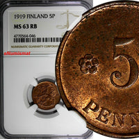 Finland Copper 1919 5 Penniä NGC MS63 RB TOP GRADED BY NGC KM# 22