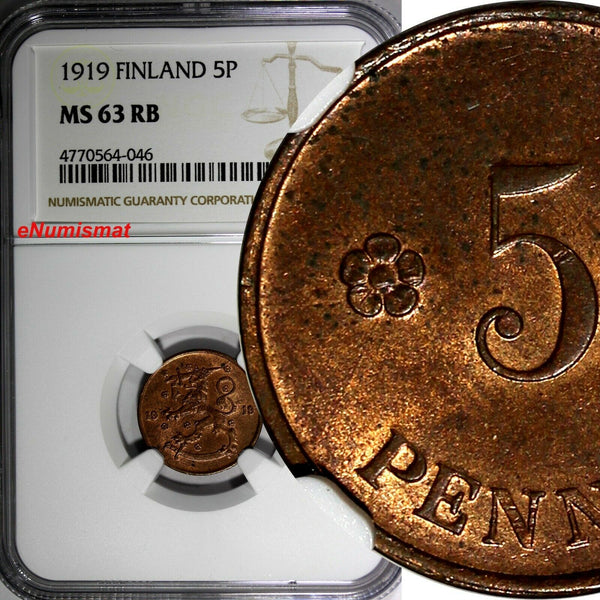 Finland Copper 1919 5 Penniä NGC MS63 RB TOP GRADED BY NGC KM# 22