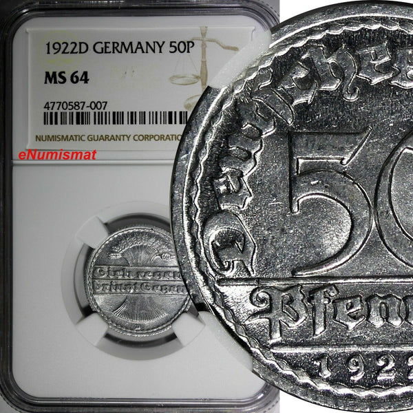 Germany, Weimar Republic Aluminum 1922 D 50 Pfennig NGC MS64 KM# 27