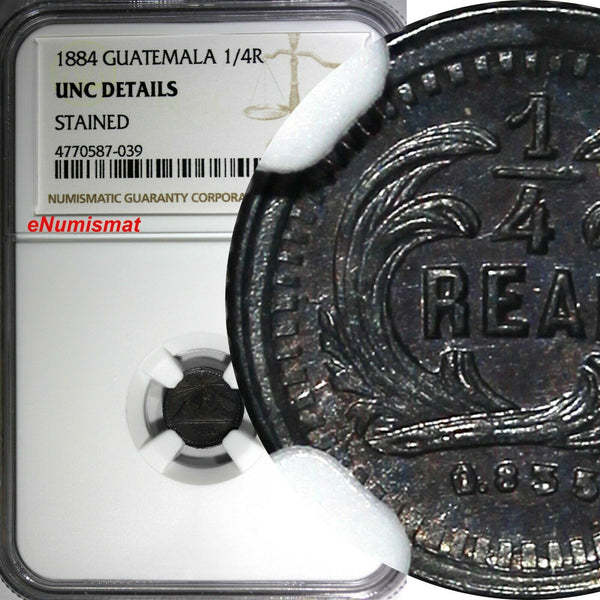 GUATEMALA Silver 1884 1/4 Real NGC UNC DETAILS Low Mintage-100,000 KM# 151