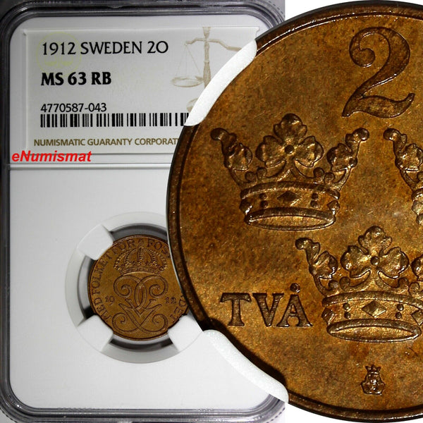 Sweden Bronze 1912 2 Öre NGC MS63 RB BETTER KEY DATE Mintage-445,750 KM# 778 (3)