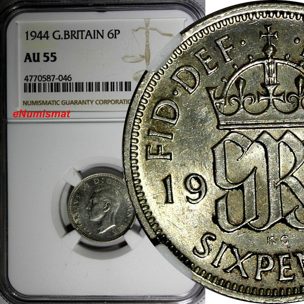 Great Britain George VI Silver 1944 6 Pence NGC AU55 KM# 852 (046)