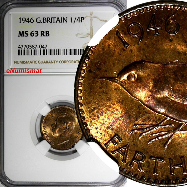 Great Britain George VI Bronze 1946 Farthing NGC MS63 RB RED TONING KM# 843
