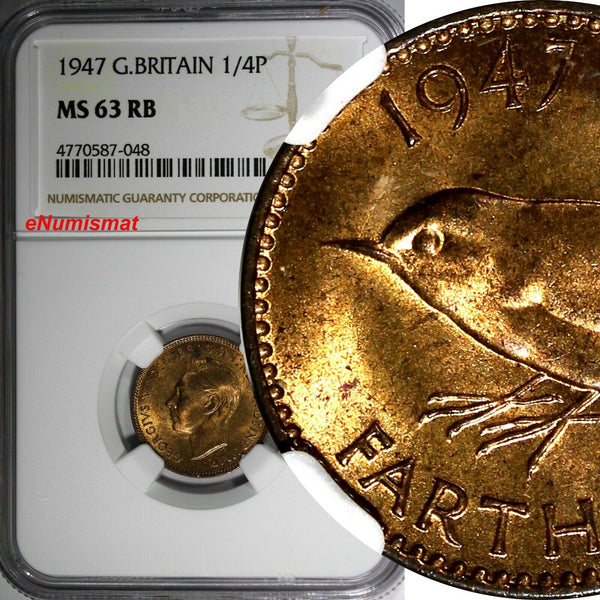 Great Britain George VI Bronze 1947 Farthing NGC MS63 RB KM# 843