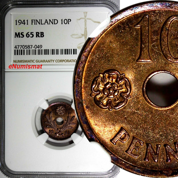 Finland Copper 1941 10 Pennia NGC MS65 RB TOP GRADED BY NGC WWII KM# 33.1