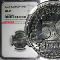 Germany, Weimar Republic Aluminum 1922 F 50 Pfennig NGC MS65 TOP GRADED KM27/006