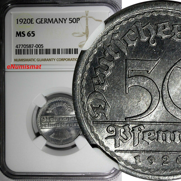 Germany, Weimar Aluminum 1920 E 50 Pfennig NGC MS65 TOP GRADED KM# 27 (005)