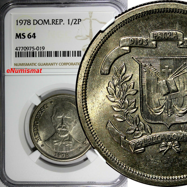 Dominican Republic Copper-Nickel 1978 1/2 Peso NGC MS64 Mintage-296,000 KM# 52