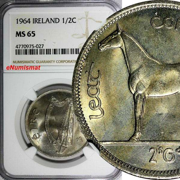 Ireland Republic Copper-Nickel 1964 1/2 CROWN Horse NGC MS65 GEM BU COIN KM# 16a