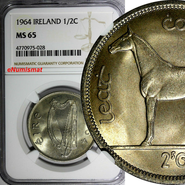 Ireland Republic Copper-Nickel 1964 1/2 CROWN Horse NGC MS65 GEM BU COIN KM# 16a