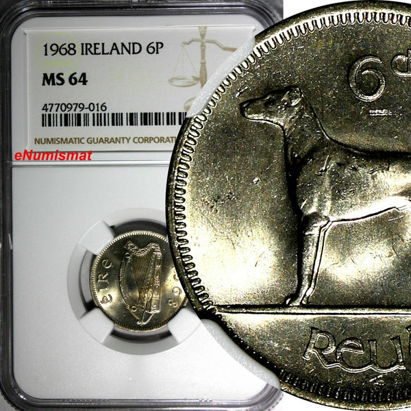 Ireland Republic Copper-Nickel 1968 6 Pence NGC MS64 Irish Wolfhound KM# 13a