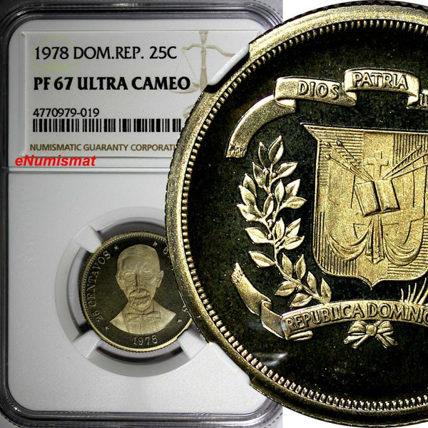 DOMINICAN REPUBLIC PROOF 1978 25 Centavos NGC PF67 ULTRA CAMEO Mintage5,000 KM51