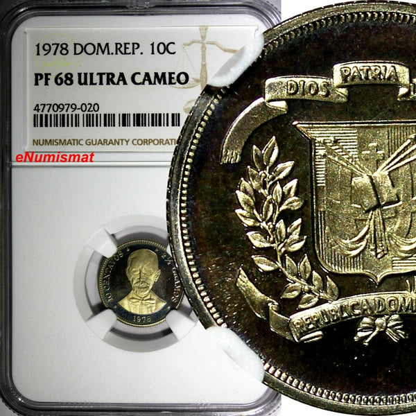 DOMINICAN REPUBLIC PROOF 1978 10 Centavos NGC PF68 ULTRA CAMEO Mintage5,000 KM50