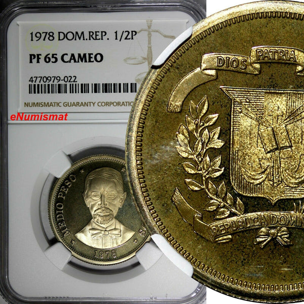Dominican Republic Copper-Nickel PROOF 1978 1/2 Peso NGC PF65 CAMEO KM# 52 (22)