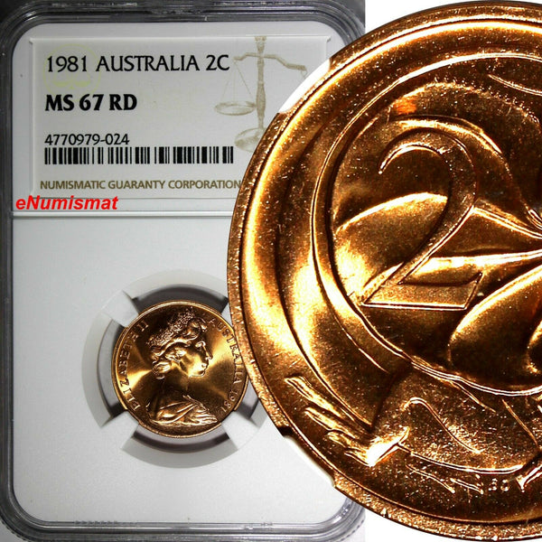Australia Elizabeth II Bronze 1981 2 Cents NGC MS67 RD FULL RED TOP GRADED KM#63