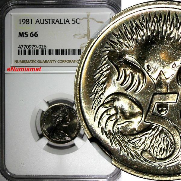 Australia Elizabeth II 1981 5 Cents NGC MS66  ONLY 1 GRADED HIGHEST BY NGC KM#64