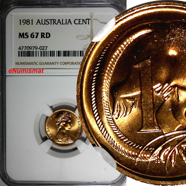 Australia Elizabeth II Bronze 1981 1 Cent NGC MS67 RD FULL RED TOP GRADED KM# 62