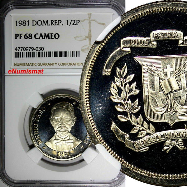 Dominican Republic PROOF 1981 1/2 Peso NGC PF68 CAMEO TOP GRADED BY NGC  KM# 52