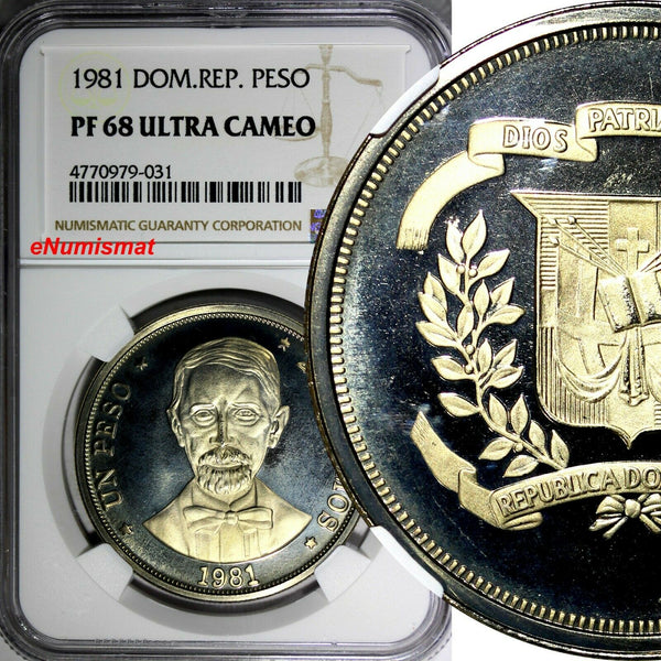 DOMINICAN REPUBLIC PROOF 1981 Peso NGC PF68 ULTRA CAMEO Mintage-3,000 KM# 53