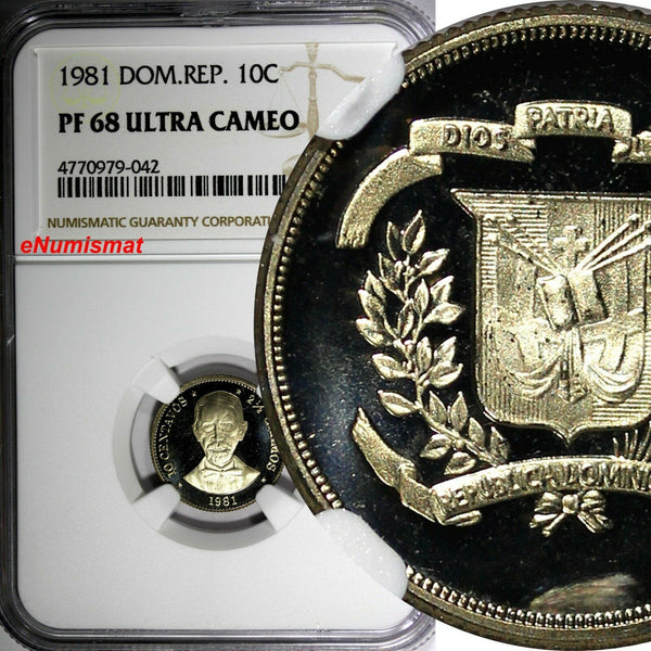 DOMINICAN REPUBLIC PROOF 1981 10 Centavos NGC PF68 ULTRA CAMEO KM# 50