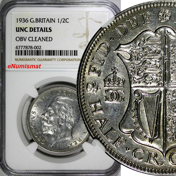 Great Britain George V Silver 1936 1/2 Crown NGC UNC DETAIL LAST YEAR TYPE KM835